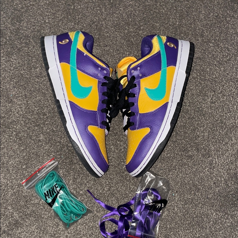 Nike Purple and Yellow Shoes with Teal Swoosh
